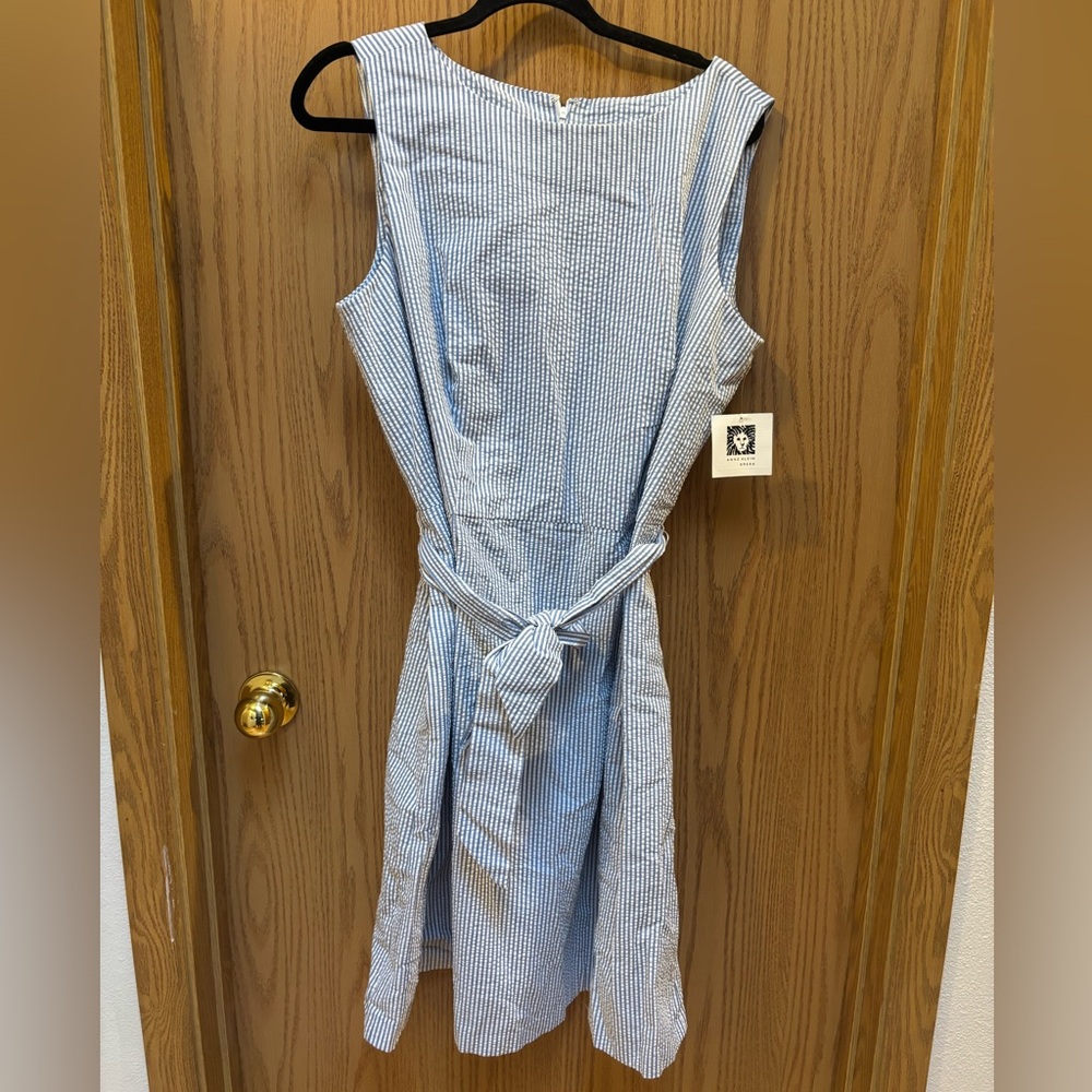 Anne Klein seersucker belted tank dress with pockets, size 16
